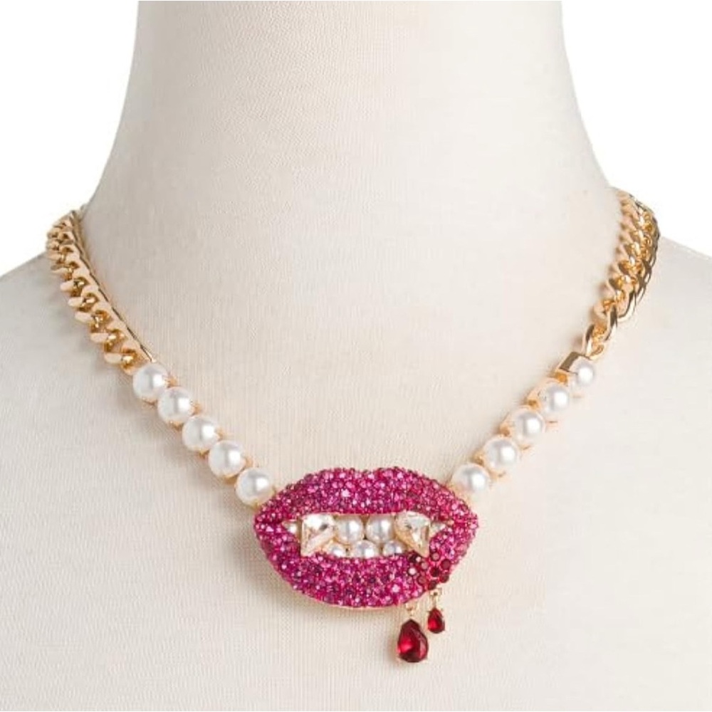 Betsey Johnson Pink Rhinestones & Gold-tone Vampire Lips Fangs Pearls Necklace